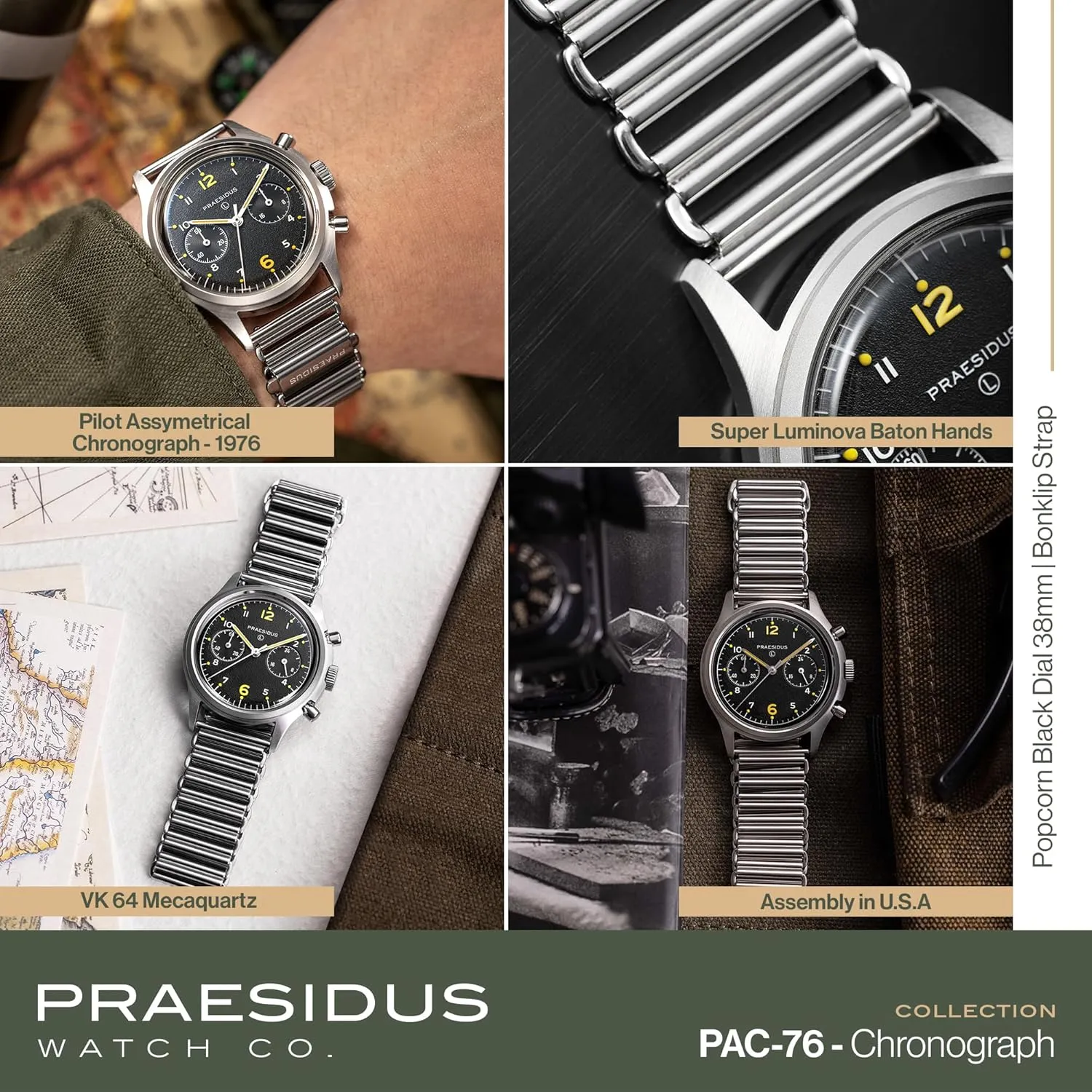 𝗣𝗥𝗔𝗘𝗦𝗜𝗗𝗨𝗦 𝗧𝗵𝗲 𝗣𝗔𝗖-𝟳𝟲 Men's Military Chronograph Watch, 38mm, Yellow Indexes, Black Dial, Stainless Steel Bonklip/Leather/Canvas Bracelet