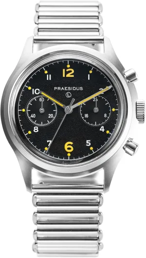 𝗣𝗥𝗔𝗘𝗦𝗜𝗗𝗨𝗦 𝗧𝗵𝗲 𝗣𝗔𝗖-𝟳𝟲 Men's Military Chronograph Watch, 38mm, Yellow Indexes, Black Dial, Stainless Steel Bonklip/Leather/Canvas Bracelet