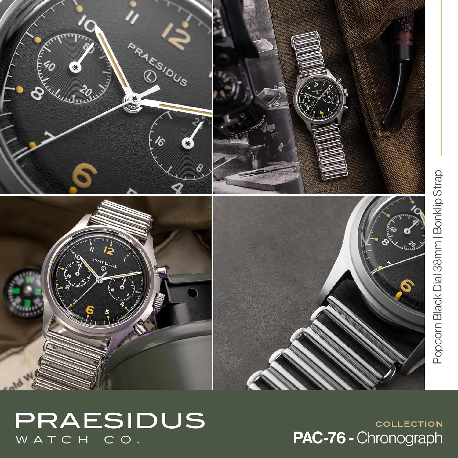 𝗣𝗥𝗔𝗘𝗦𝗜𝗗𝗨𝗦 𝗧𝗵𝗲 𝗣𝗔𝗖-𝟳𝟲 Men's Military Chronograph Watch, 38mm, Yellow Indexes, Black Dial, Stainless Steel Bonklip/Leather/Canvas Bracelet