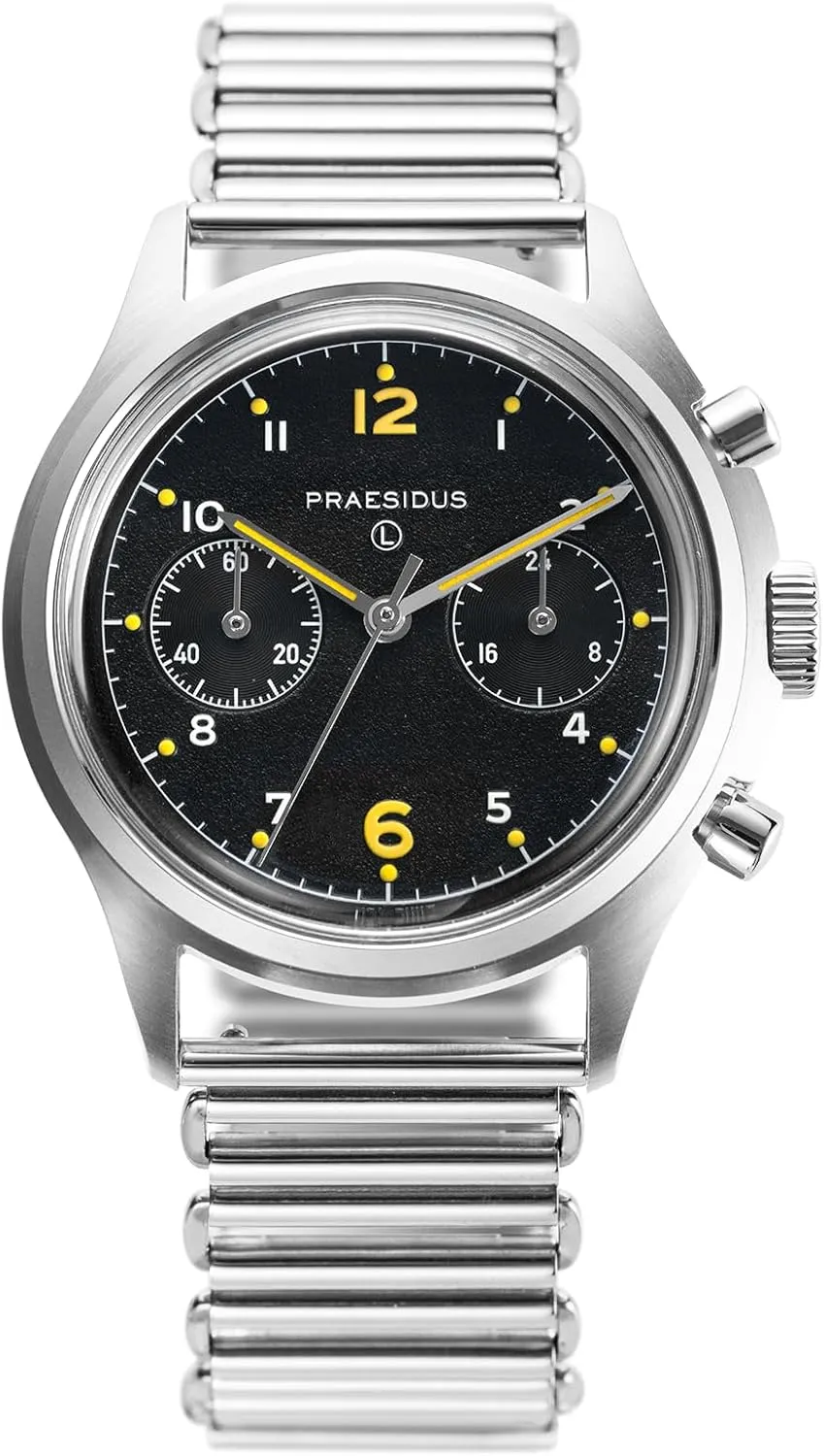 𝗣𝗥𝗔𝗘𝗦𝗜𝗗𝗨𝗦 𝗧𝗵𝗲 𝗣𝗔𝗖-𝟳𝟲 Men's Military Chronograph Watch, 38mm, Yellow Indexes, Black Dial, Stainless Steel Bonklip/Leather/Canvas Bracelet