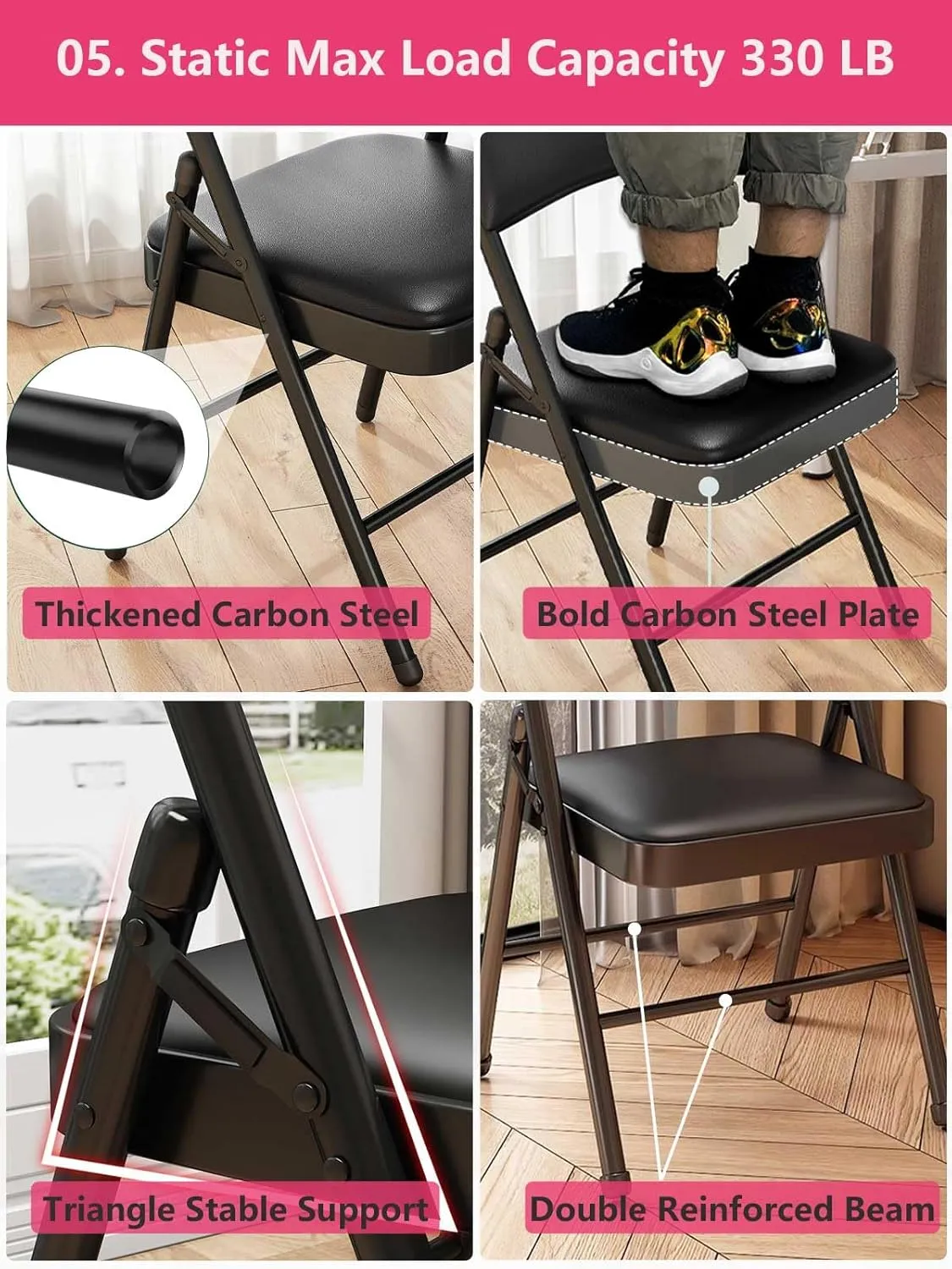 1 Pack Bulk Folding Chairs with Padded Cushion, Single Black Steel Metal Frame Foldable Chair for Indoor and Outdoor, Portable Stackable Commercial Seat for Bedroom Patio Party Event