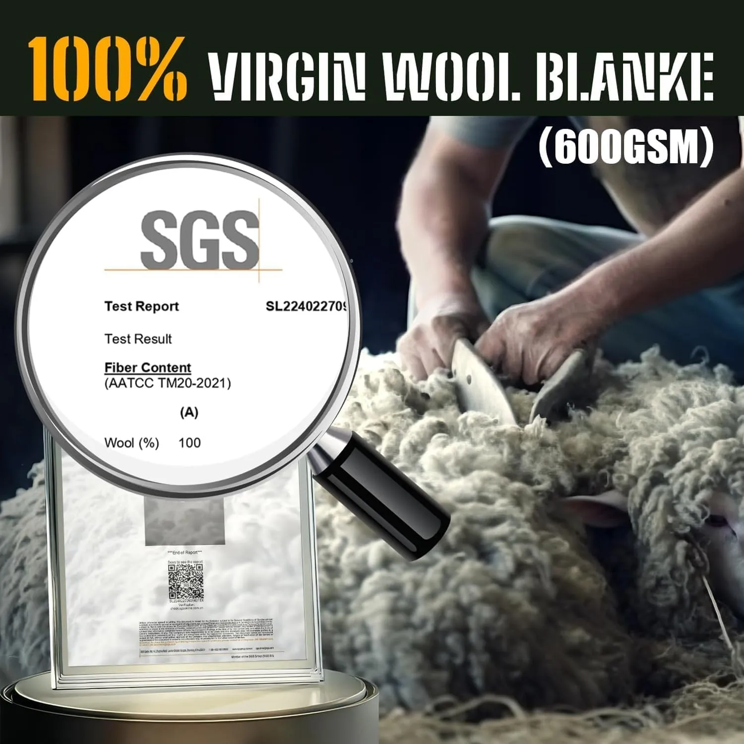 100% Wool Blanket, 48" x 62", Warm, Thick, Washable, Military Wool Blanket, Great for Camping, Outdoors, Sporting Events, Survival Kits Blackness Blanket