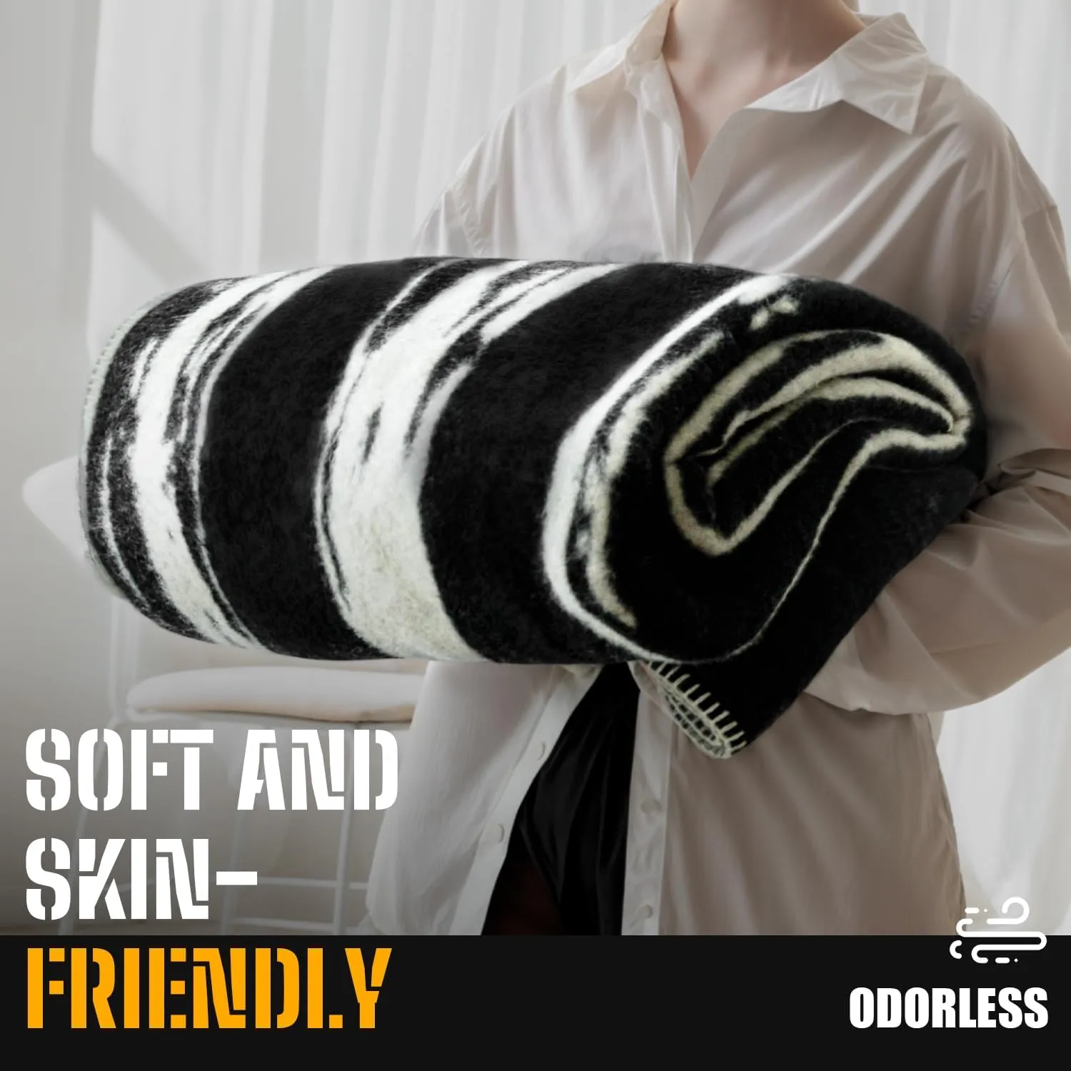 100% Wool Blanket, 62" x 86", Warm, Thick, Washable, Military Wool Blanket, Great for Camping, Outdoors, Sporting Events, Survival Kits,Black White Striped