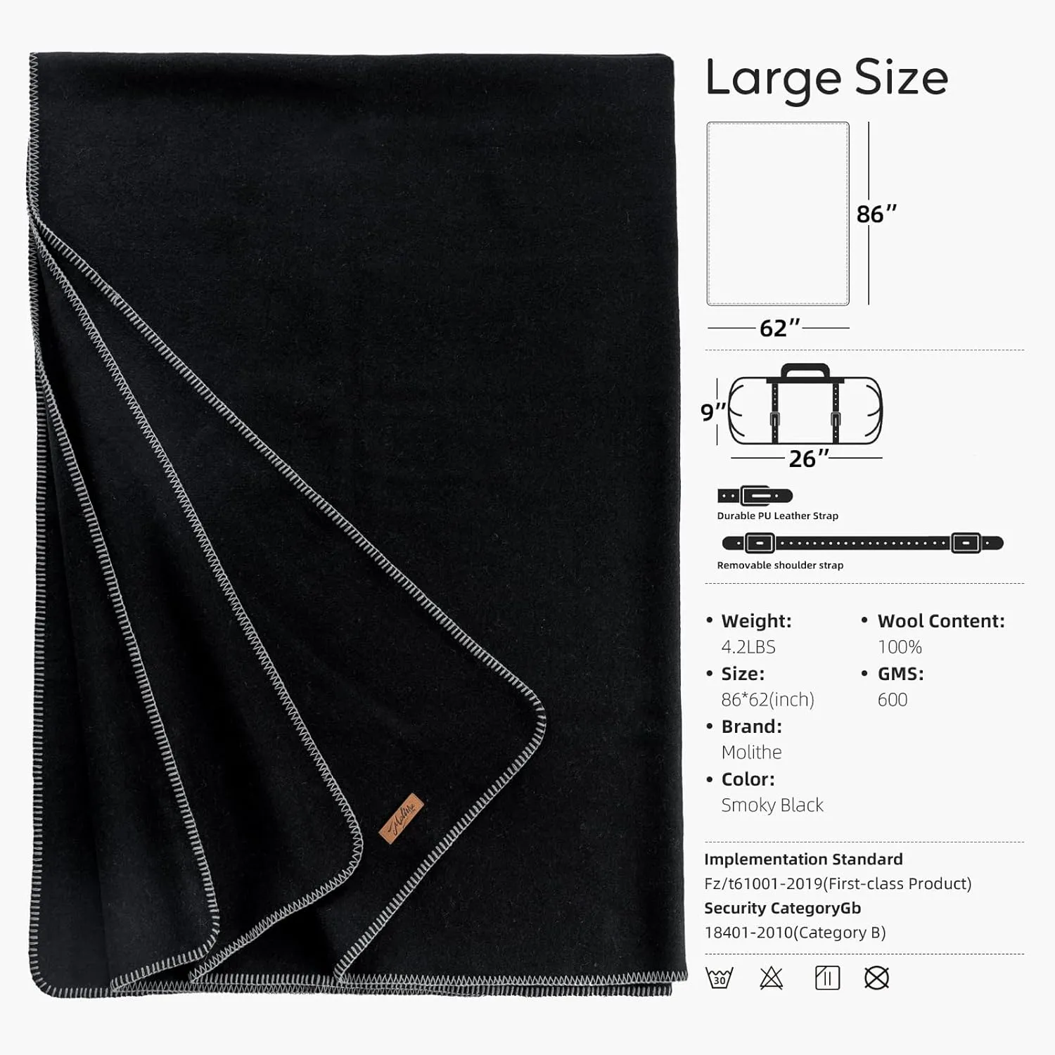 100% Wool Blanket, 62" x 86", Warm, Thick, Washable, Military Wool Blanket, Great for Camping, Outdoors, Sporting Events, Survival Kits,Carbon Black