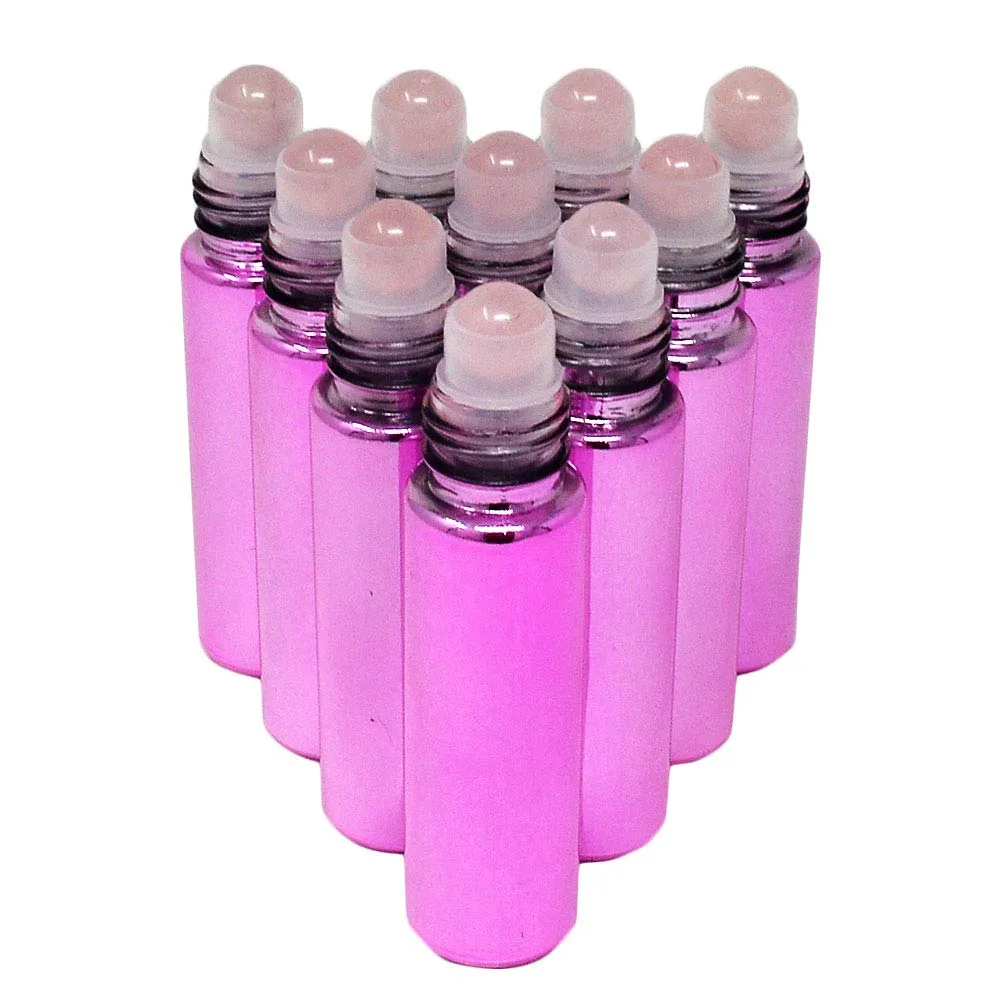 10pcs Pink 10ml Empty Refillable Bottles with Crystal Semiprecious Stones Essential Oil Gemstone Roller Ball Bottles with Free Bag W3901 (Rose Quartz)
