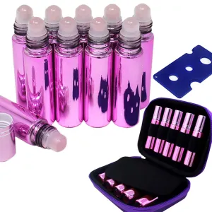 10pcs Pink 10ml Empty Refillable Bottles with Crystal Semiprecious Stones Essential Oil Gemstone Roller Ball Bottles with Free Bag W3901 (Rose Quartz)