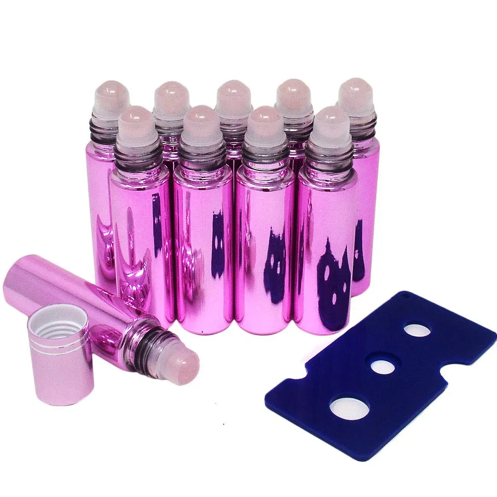 10pcs Pink 10ml Empty Refillable Bottles with Crystal Semiprecious Stones Essential Oil Gemstone Roller Ball Bottles with Free Bag W3901 (Rose Quartz)