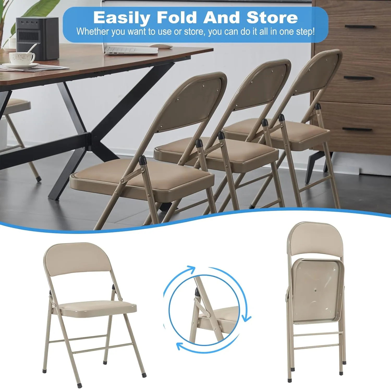 12 Pack Folding Chairs with Padded Cushion and Back Padded Folding Chairs with Steel Frame Portable Stackable Commercial Seat for Indoor Outdoor Events Office Wedding Party, Khaki