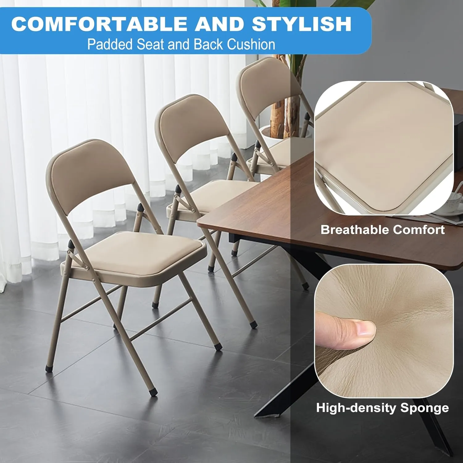 12 Pack Folding Chairs with Padded Cushion and Back Padded Folding Chairs with Steel Frame Portable Stackable Commercial Seat for Indoor Outdoor Events Office Wedding Party, Khaki