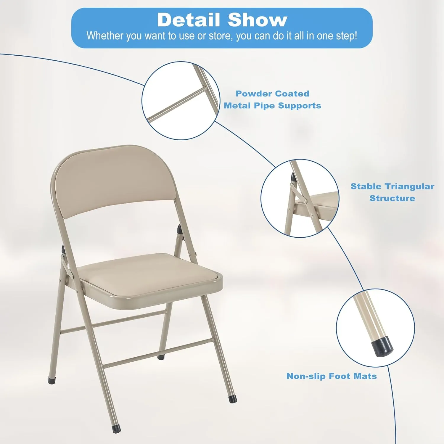 12 Pack Folding Chairs with Padded Cushion and Back Padded Folding Chairs with Steel Frame Portable Stackable Commercial Seat for Indoor Outdoor Events Office Wedding Party, Khaki