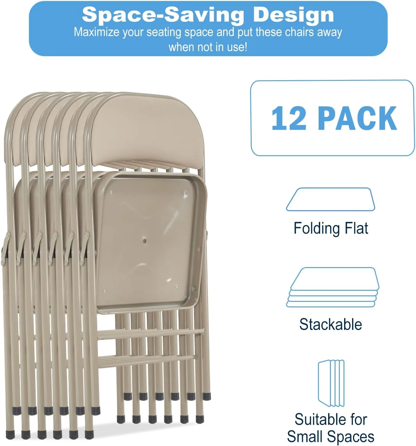 12 Pack Folding Chairs with Padded Cushion and Back Padded Folding Chairs with Steel Frame Portable Stackable Commercial Seat for Indoor Outdoor Events Office Wedding Party, Khaki