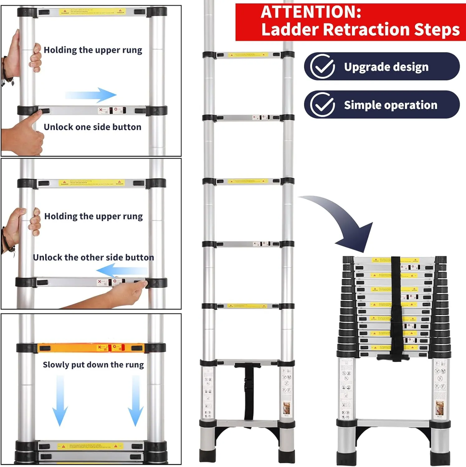 14.5FT Aluminum Telescoping Ladder with Tool Tray, Folding Extendable Ladder for Home, RV, Attic, Roof