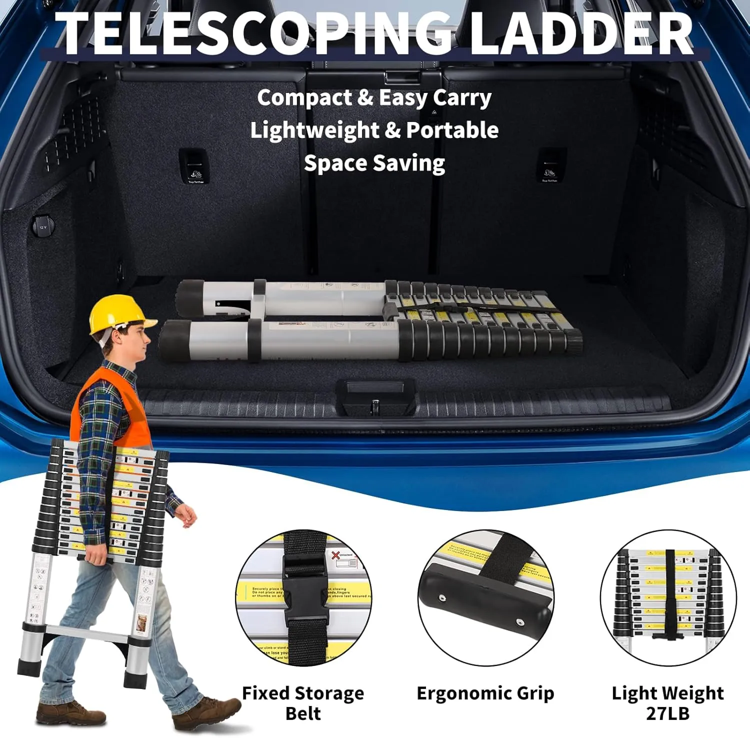 14.5FT Aluminum Telescoping Ladder with Tool Tray, Folding Extendable Ladder for Home, RV, Attic, Roof