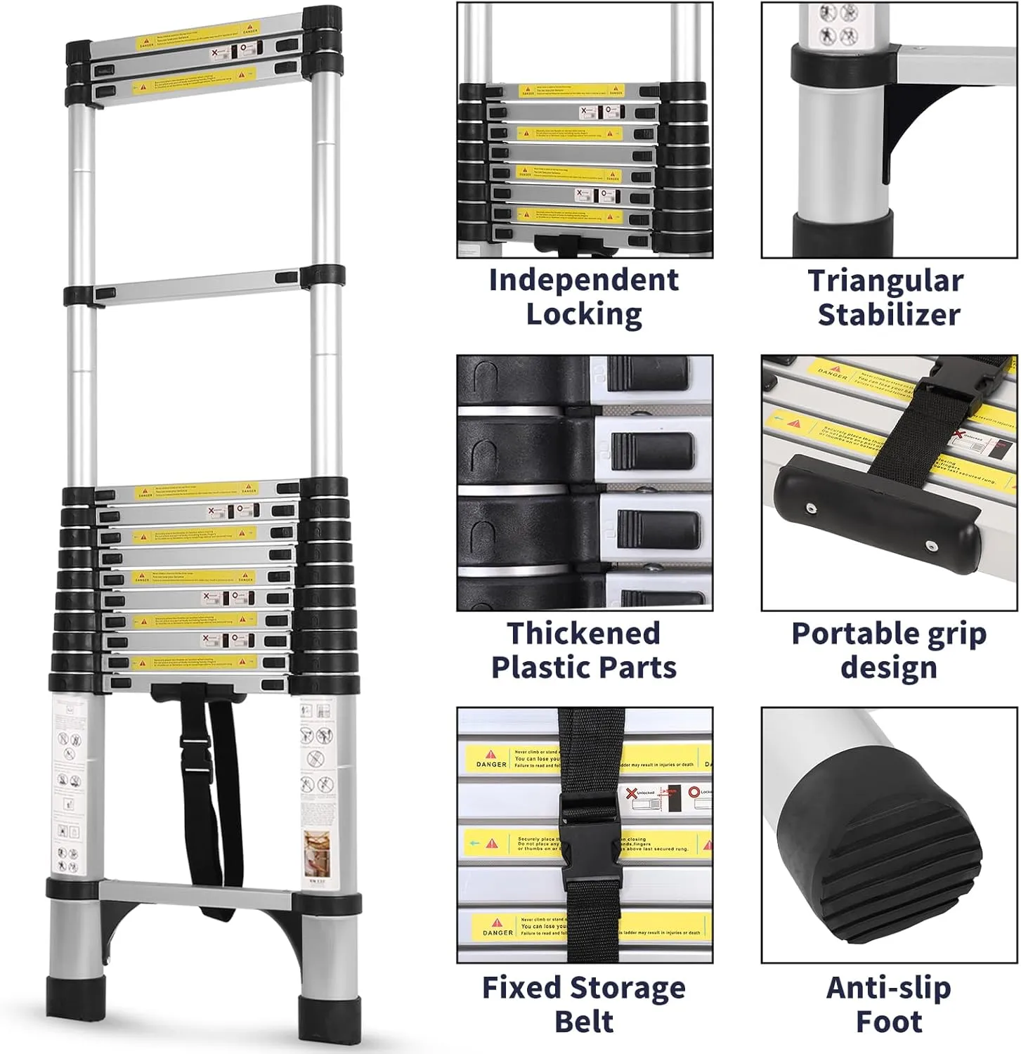 14.5FT Aluminum Telescoping Ladder with Tool Tray, Folding Extendable Ladder for Home, RV, Attic, Roof