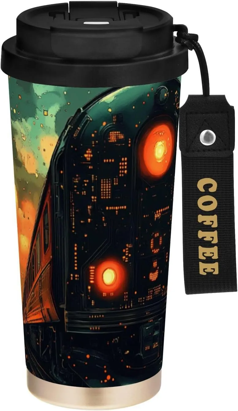 17 oz Insulated Coffee Mug Train Circuit Board City with Straw and Leak Proof Lid Double Wall Water Bottle Stainless Steel Vacuum Thermal Travel Drinking Cup for Hot/Cold Drink