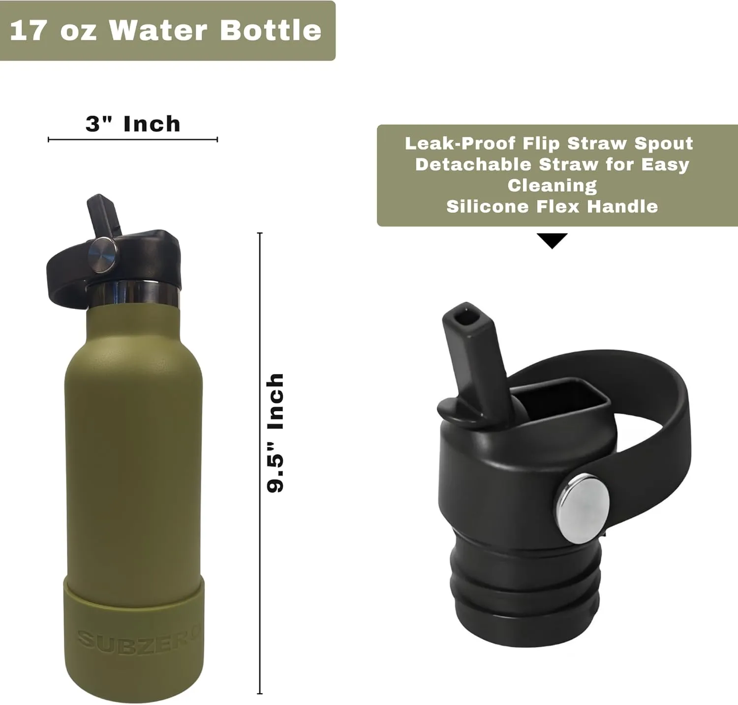17oz Water Bottle with Spill-Proof, Flip-Straw Lid by Subzero - Vacuum Insulated, Stainless Steel Beverage Thermos for Workout, Hiking, School - Dishwasher Safe - Silicone Boot Included (Sage Green)