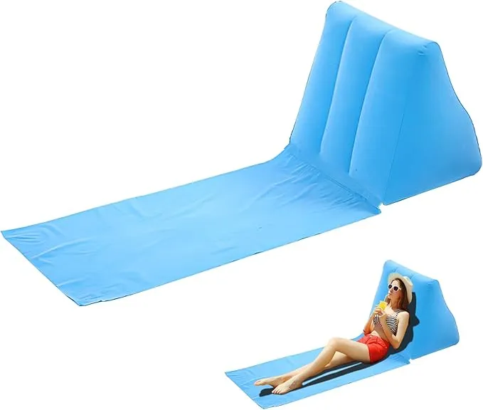 1PC Light Blue Inflatable Beach Mat Lounge Chair - Flocking Camping Leisure Lounger Back