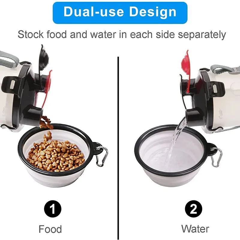 2 IN 1 Dog Travel Water Bottle Collapsible  Pet Food Container with Collapse Outdoor Double Used Bowls for Outdoor