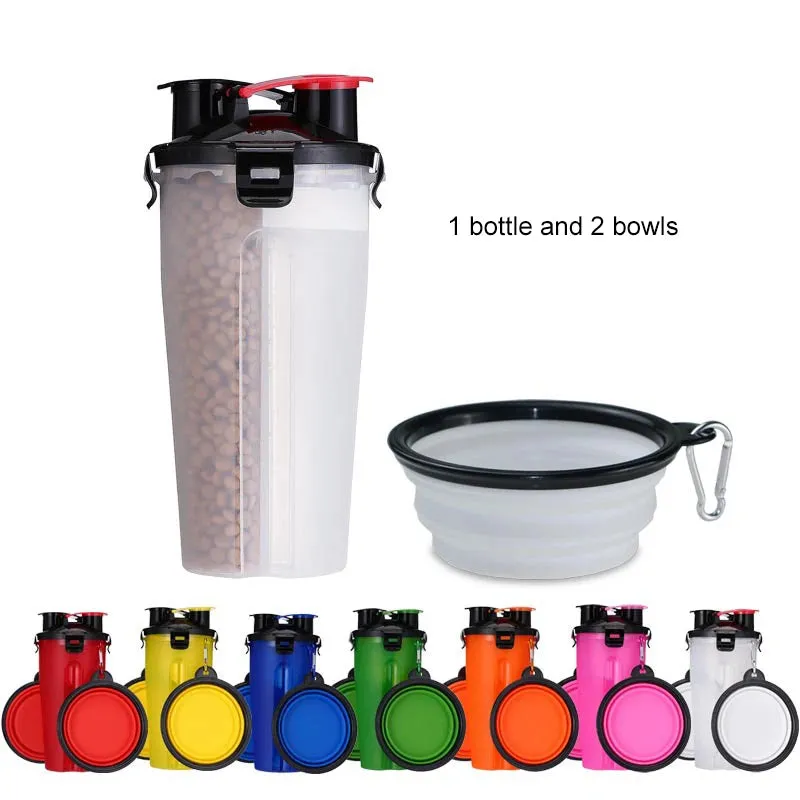 2 IN 1 Dog Travel Water Bottle Collapsible  Pet Food Container with Collapse Outdoor Double Used Bowls for Outdoor