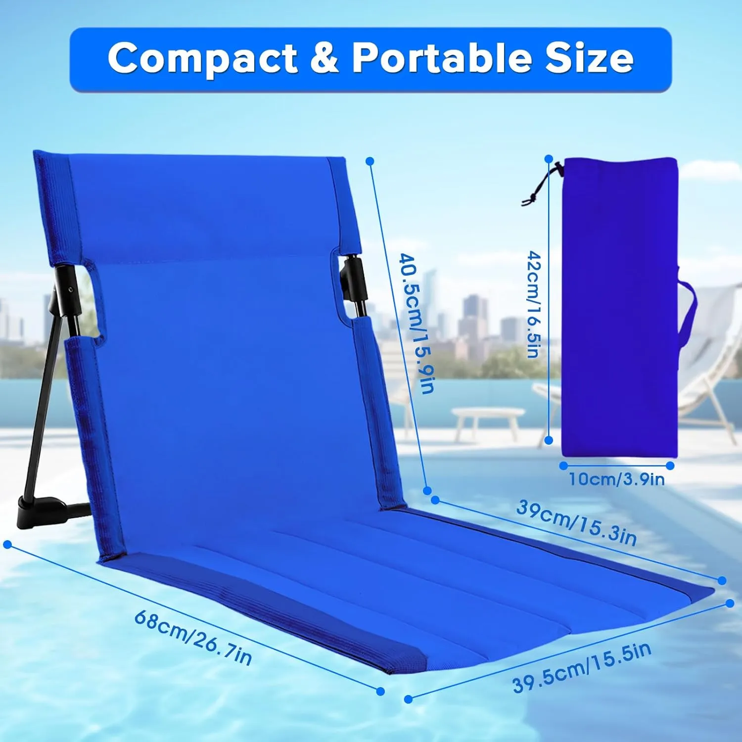 2 Pack Foldable Poolside Chairs for Edge of Pool, Portable Lightweight Folding Pool Chairs and Lounges for Poolside, Outdoor Camping, Picnic, Beach, Travel with Back Support & Carry Bag (Blue)