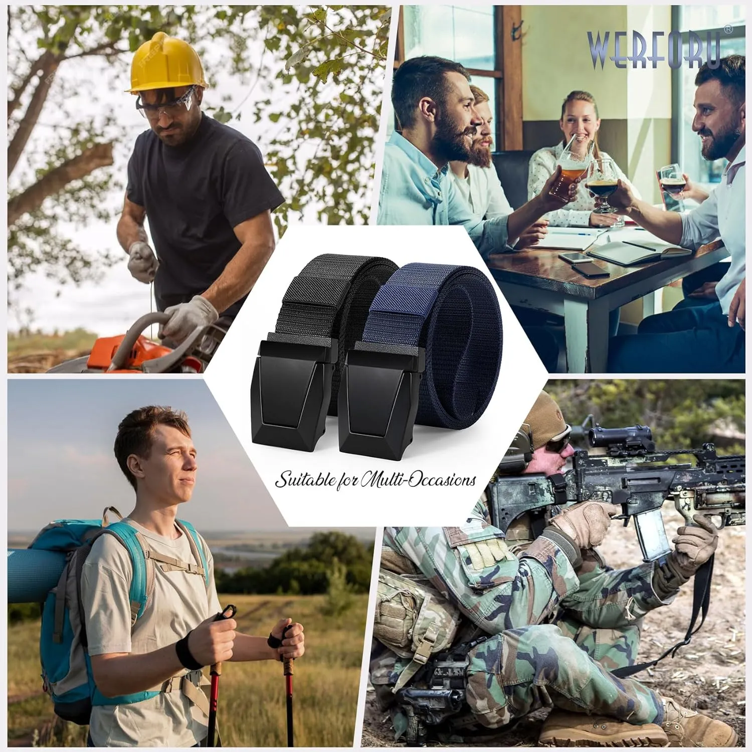 2 Pack WERFORU Tactical Nylon Belt for Men - Nylon Web Belt with Quick Release Metal Buckles
