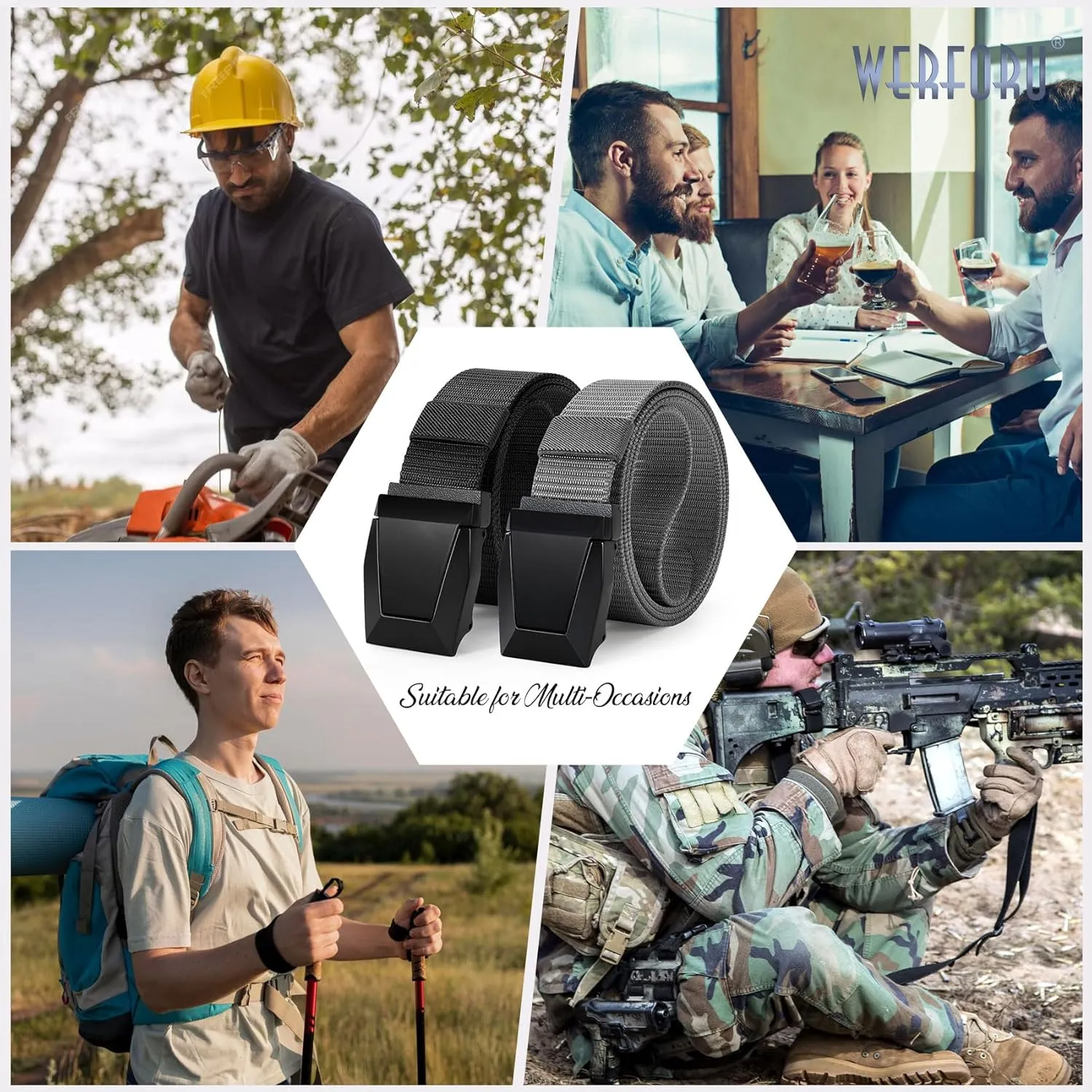 2 Pack WERFORU Tactical Nylon Belt for Men - Nylon Web Belt with Quick Release Metal Buckles