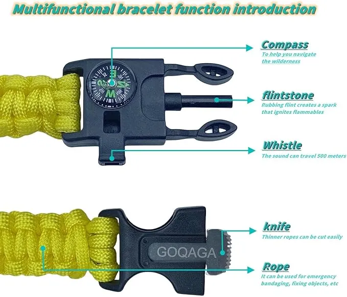 2 PCS Parachute Rope Camping kit Outdoor Wild Emergency kit Compass Whistle Flintstone Rope Knife Field Survival Tool Yellow