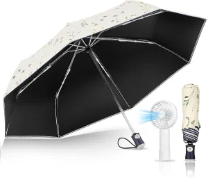2 Pcs UV Sun Travel Umbrella and Mini Portable Fan Small Automatic Reverse Folding Rain Umbrella for Lightweight Women Men Parasol Outdoor Sun Protection