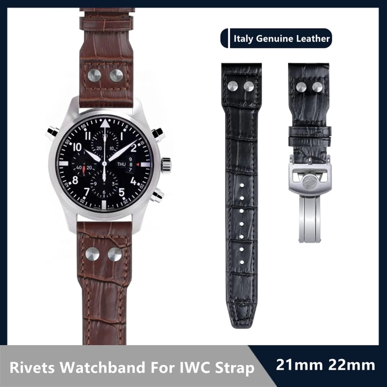 21mm 22mm Italy Cowhide Genuine Soft Leather Watchband For IWC Pilot Mark 18 Soft Brown Watch Strap Folding Clasp