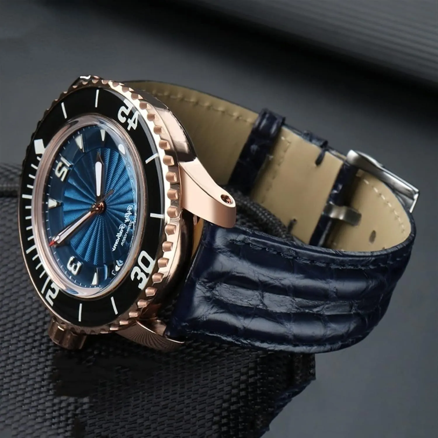 23mm Crocodile Watch Strap Watchband for Blancpain 5000 5015 Fathoms Watch Black Blue Soft Strap Folding Buckle (Color : Dark Blue-Folding, Size : 23mm)