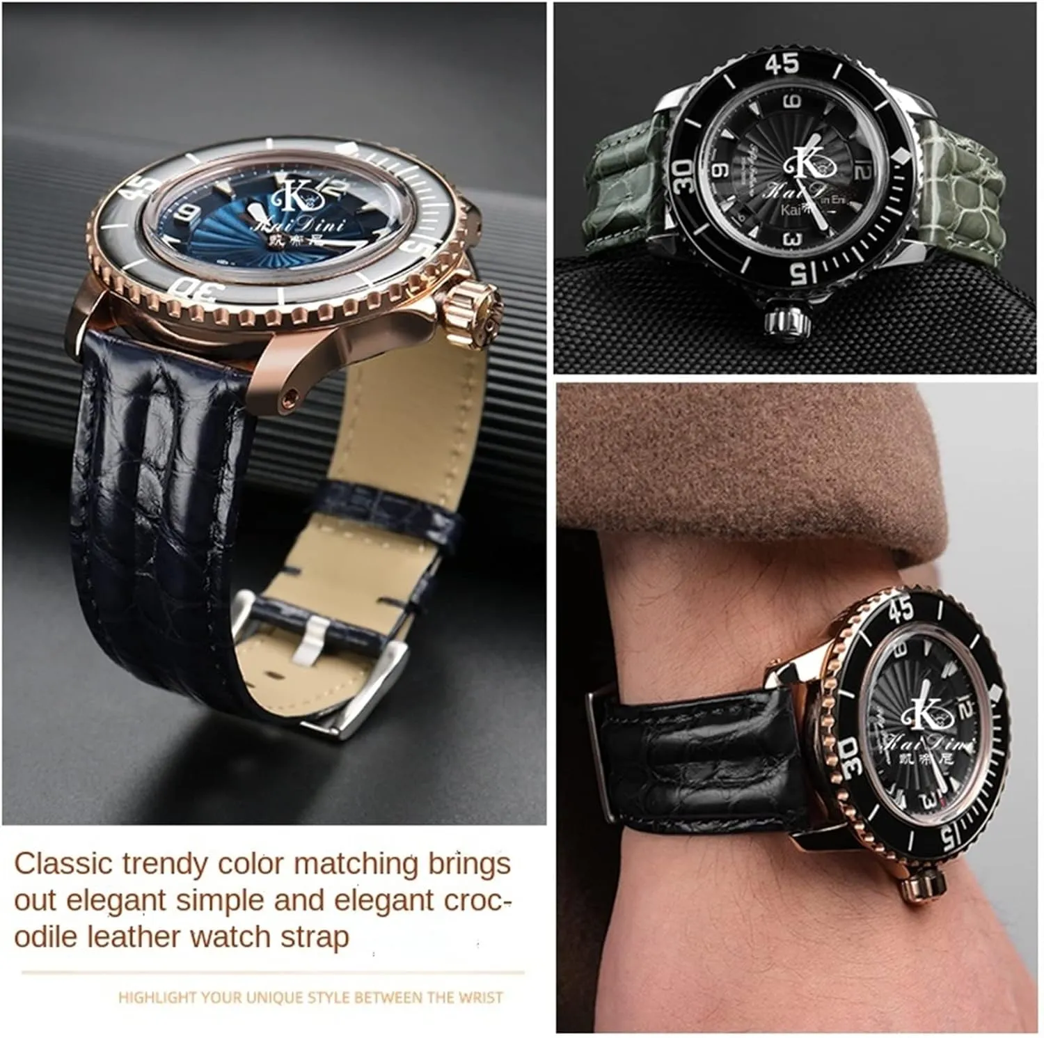 23mm Crocodile Watch Strap Watchband for Blancpain 5000 5015 Fathoms Watch Black Blue Soft Strap Folding Buckle (Color : Dark Blue-Folding, Size : 23mm)