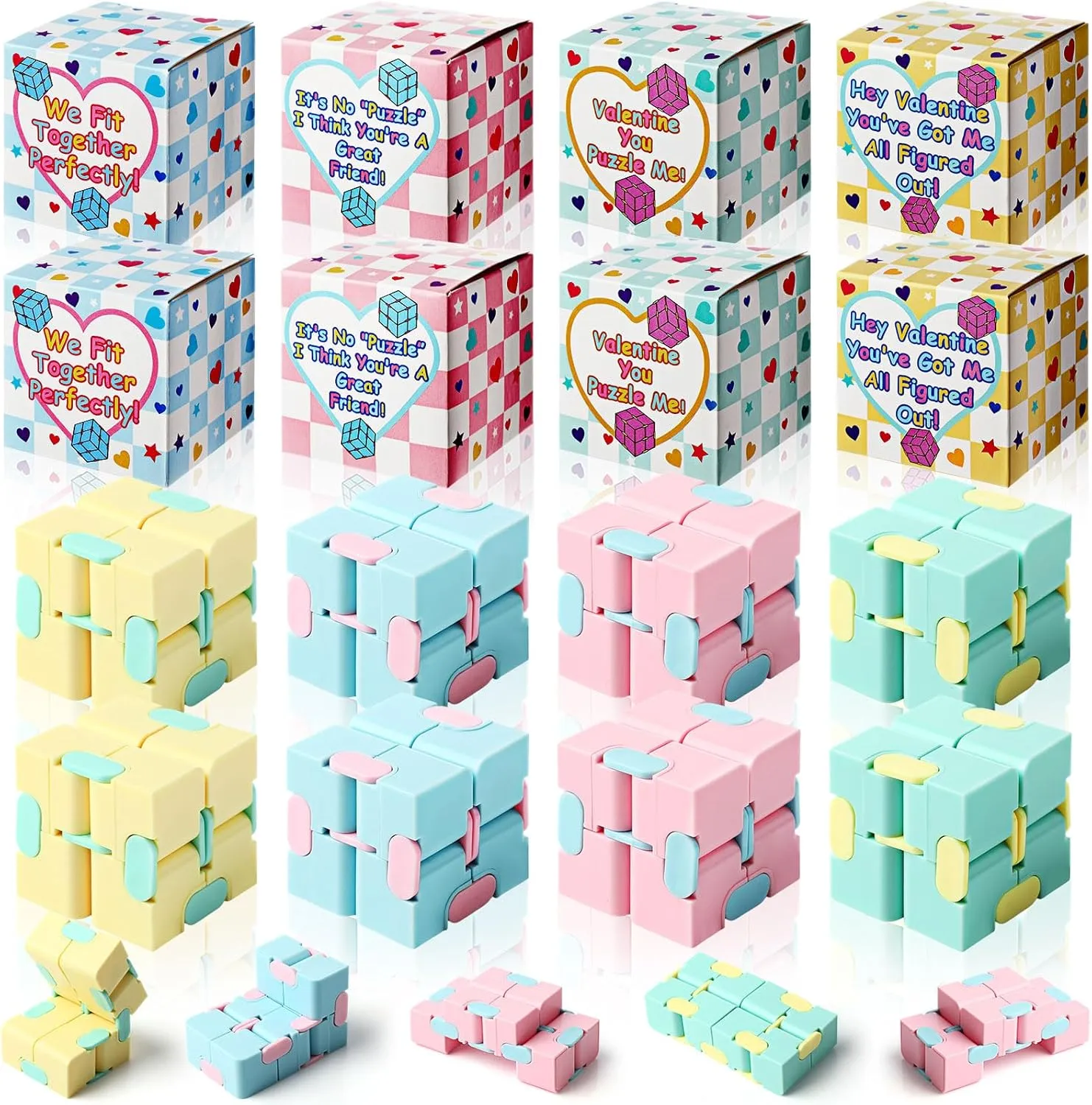 28 Set Valentines Day Gifts Bulk,Anxiety Relief Cubes with Valentines Gift Boxes Hand Held Magic Sensory Stress Cube Valentines Party Favors for Exchange Gifts Prizes Award