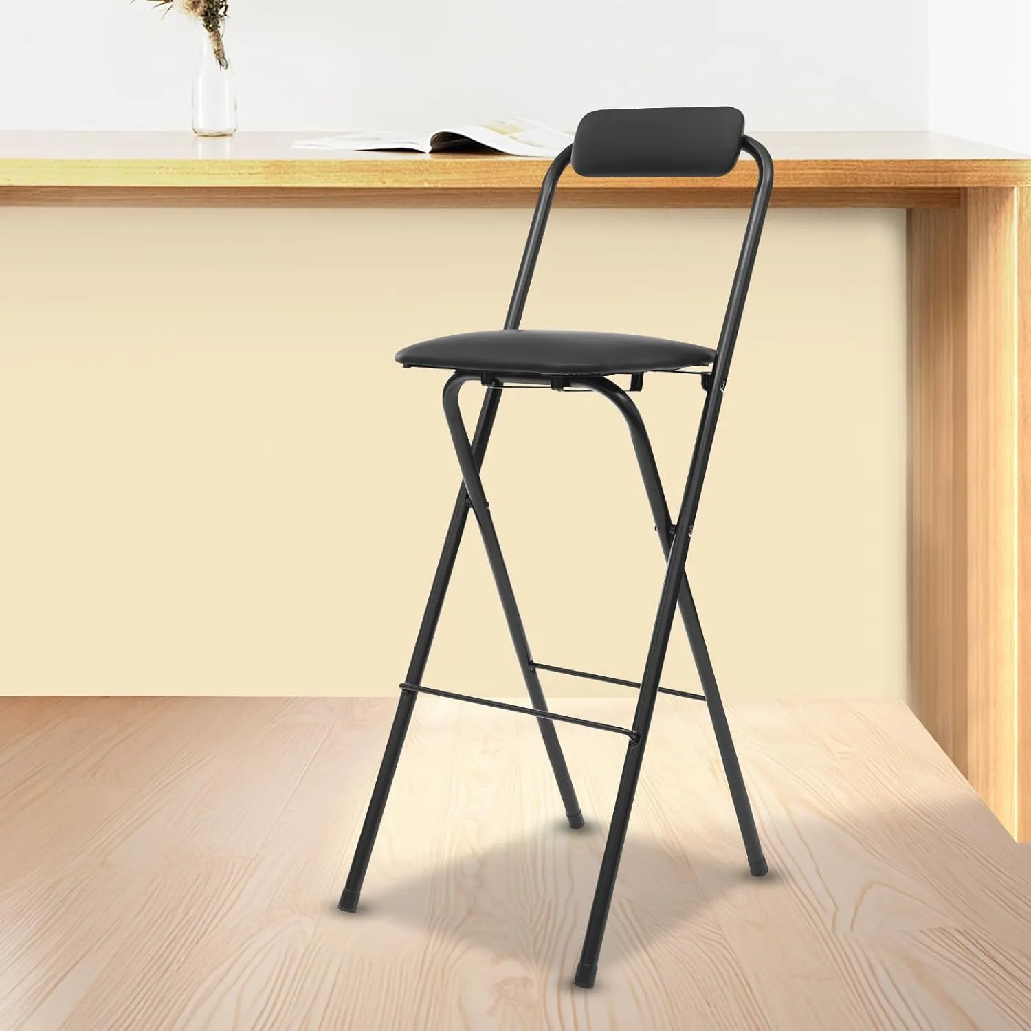 29" Tall Chair,Cushioned Padded Folding Bar Stool,Bar Stool,Portable Folding Stool, Load Capacity 275lbs, for Kitchen Living Room Garden Camping Fishing, Black