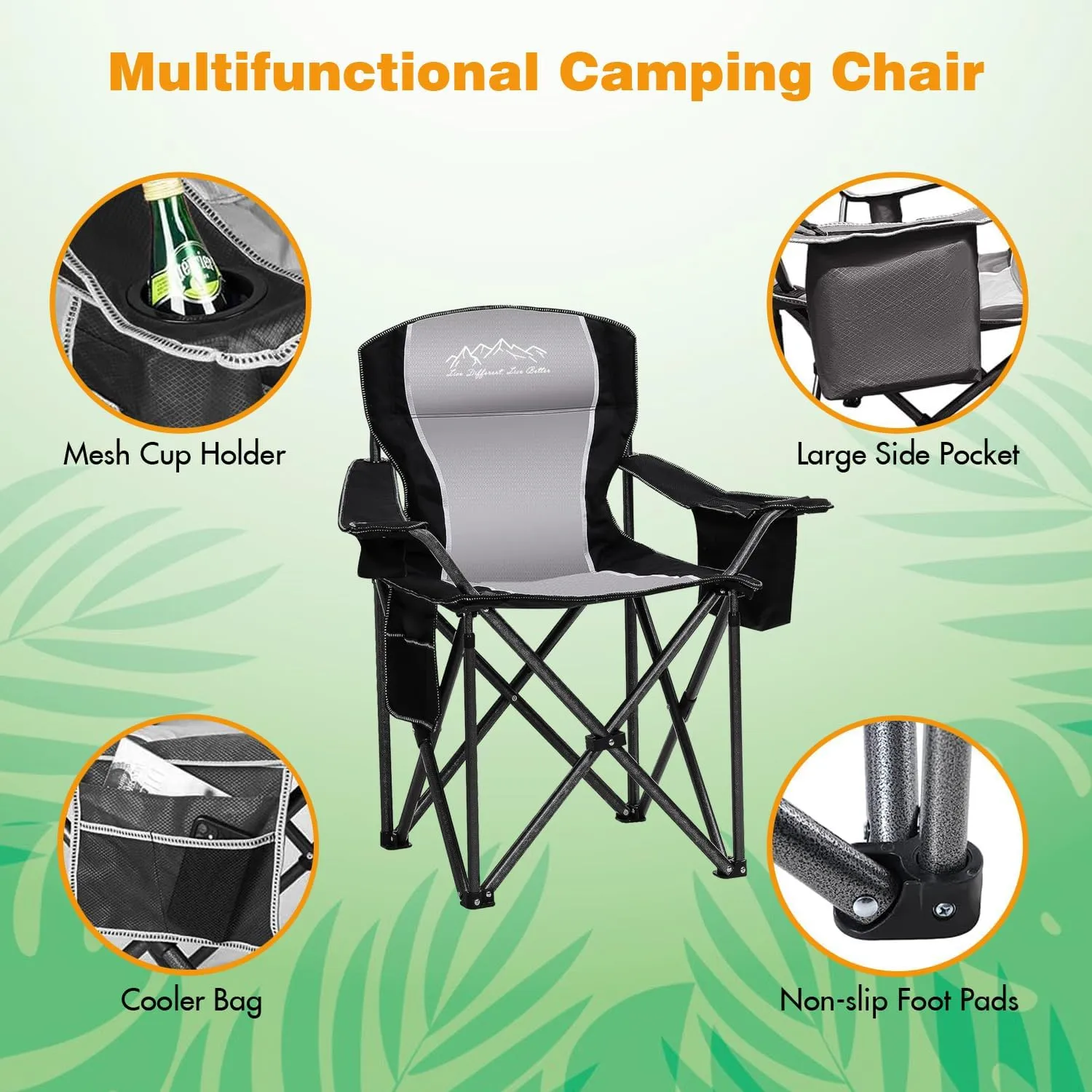 2PCS Folding Camping Chair Portable Outdoor Heavy Duty Padded Chairs Lawn Chair with Cup Holder, Storage Pocket and Cooler Bag, Supports 450LBS Black