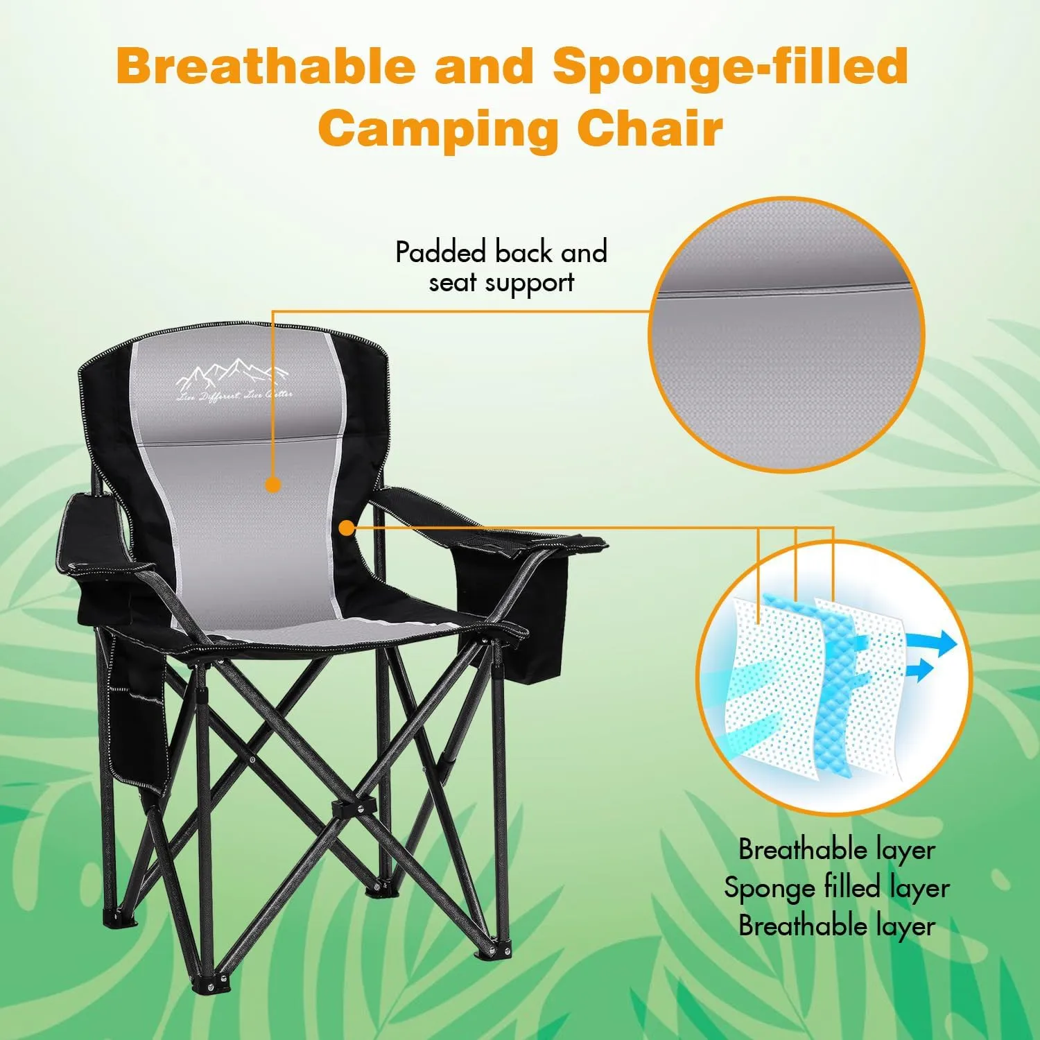2PCS Folding Camping Chair Portable Outdoor Heavy Duty Padded Chairs Lawn Chair with Cup Holder, Storage Pocket and Cooler Bag, Supports 450LBS Black