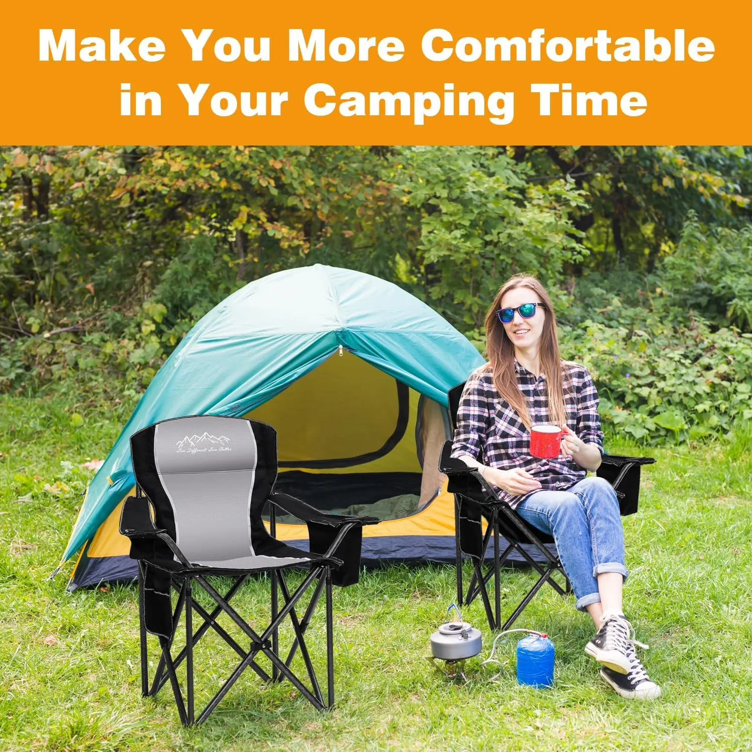2PCS Folding Camping Chair Portable Outdoor Heavy Duty Padded Chairs Lawn Chair with Cup Holder, Storage Pocket and Cooler Bag, Supports 450LBS Black