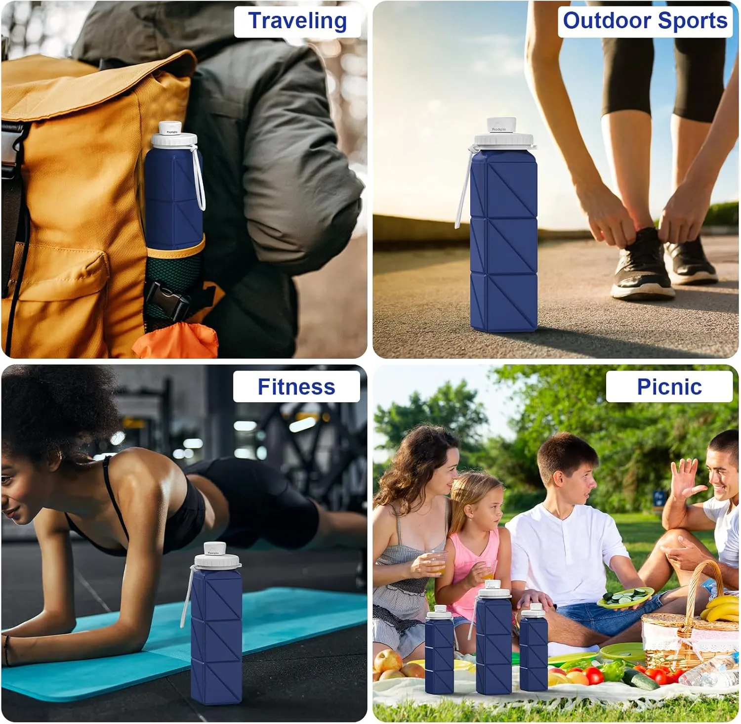 3 pack Collapsible Water Bottles,Silicone Foldable Portable Water Bottle 20.6oz, Lightweight Reusable Leakproof for Travel Hiking Camping Cycling Workouts Yoga Fitness Indoor Outdoor Sports