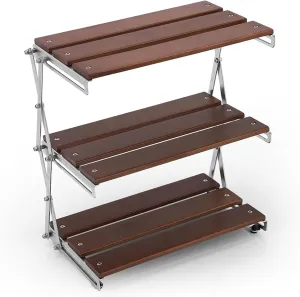 3-Tier Camping Folding Storage Rack Natural Desktop Organizing Rack Lightweight Shelves Enhanced Stability Lightly Waterproof With Spaced Shelf Ideal For Indoor & Outdoor Use