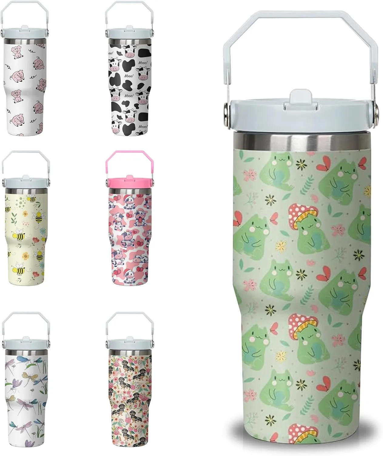 30 oz Frog Tumbler with Handle and Flip Straw, Stainless Steel Insulated Cup with Lid and Straw,Travel Coffee Mug Water Bottle,Christmas Birthday Mothers Day Gifts for Women Animal Lovers