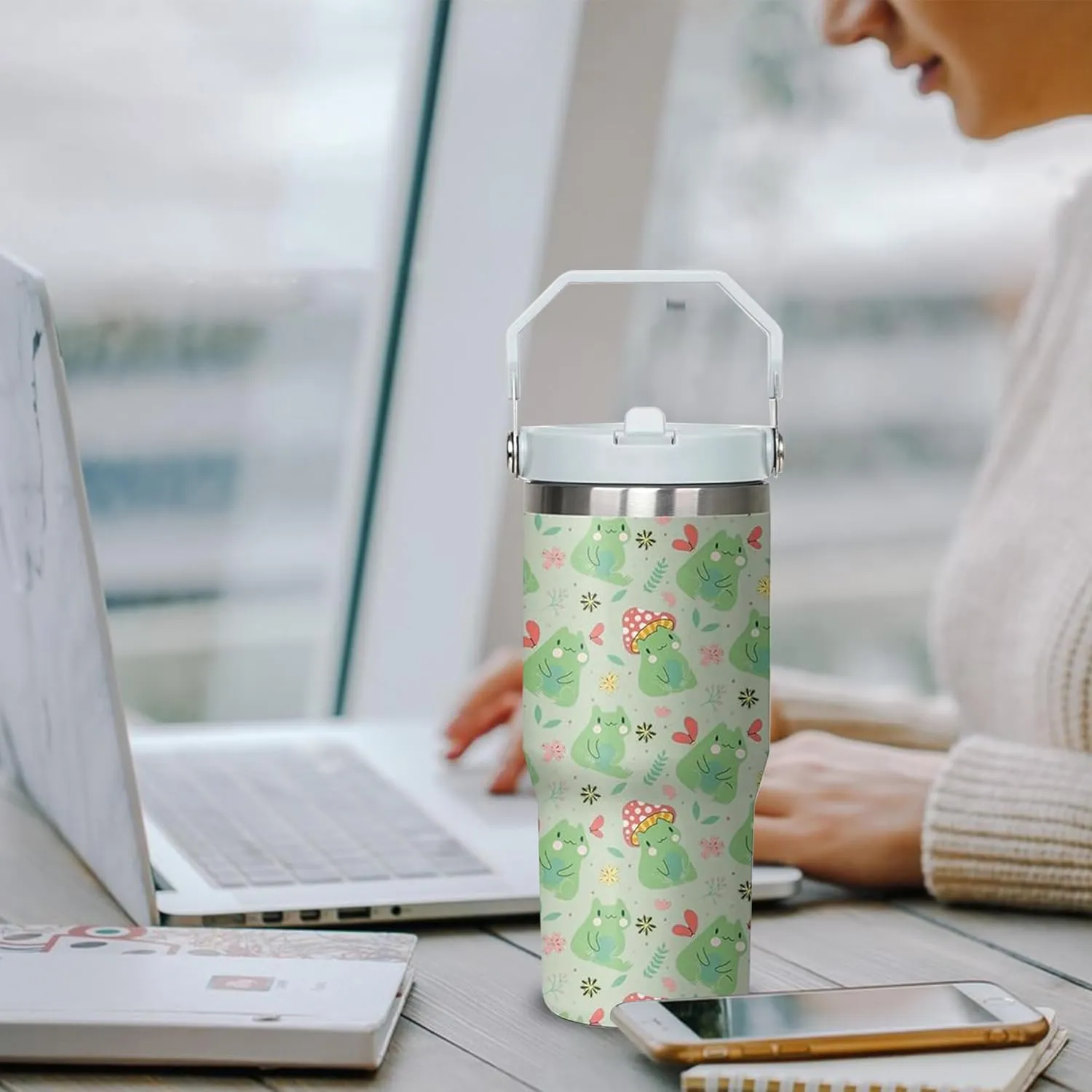 30 oz Frog Tumbler with Handle and Flip Straw, Stainless Steel Insulated Cup with Lid and Straw,Travel Coffee Mug Water Bottle,Christmas Birthday Mothers Day Gifts for Women Animal Lovers