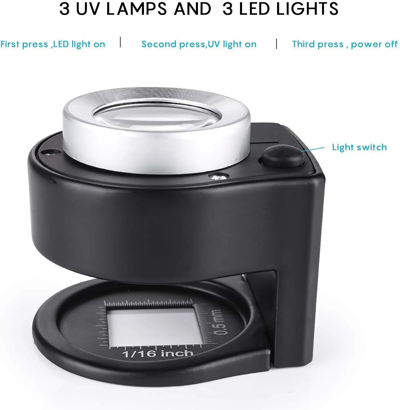 30X Loupe Magnifier with 6 Light, Desktop Portable Metal Magnifier Folding Scale Sewing Magnifying Glass for Textile Optical Jewelry Tool Coins Currency (Black)