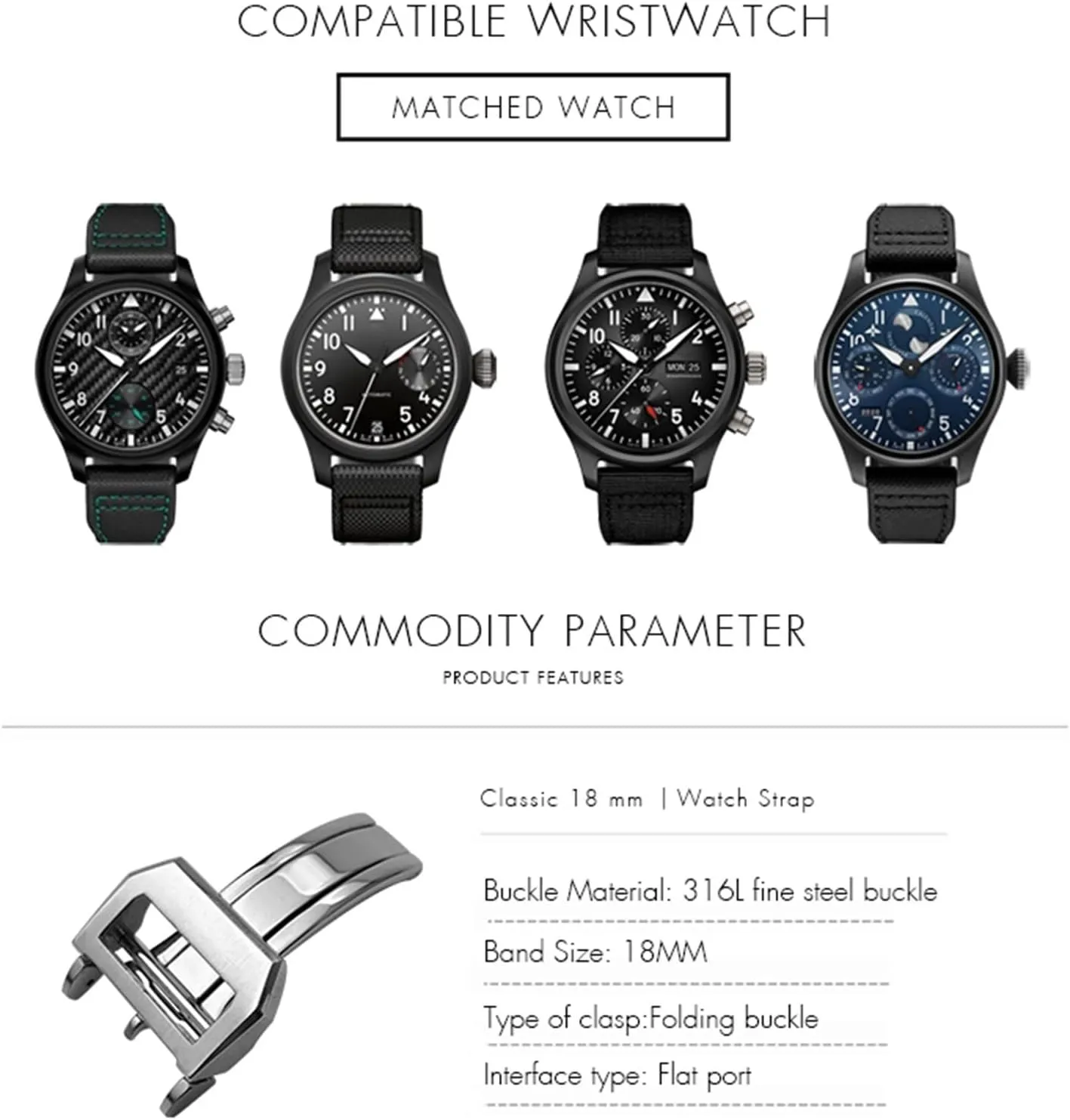 316L Stainless Steel Buckle For IWC Pilot Mark Portugieser Rose Gold Rubber Leather Watchband Folding Clasp