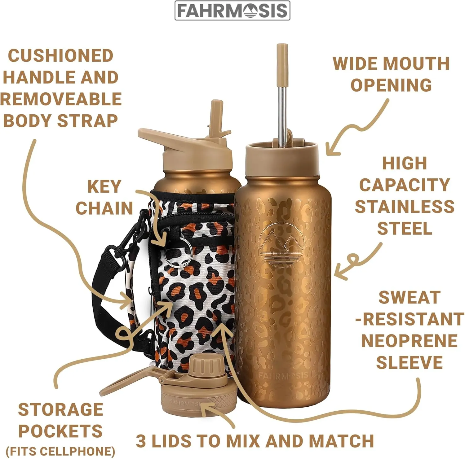 32 Oz Insulated Water Bottle with Strap Stainless Steel Sports Water Bottle with 3 Lids (Straw, Chug & Flip Lid) 1 Liter Leak Proof Insulated Metal Jug for Men & Women - Gold Leopard
