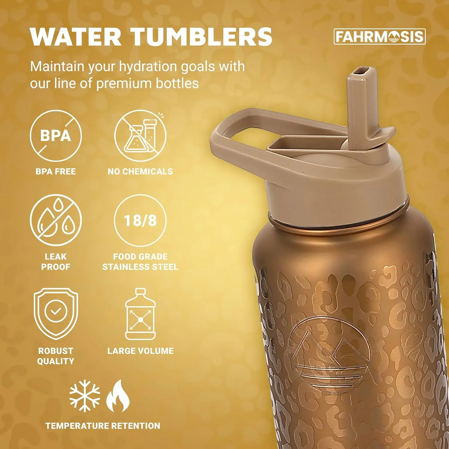 32 Oz Insulated Water Bottle with Strap Stainless Steel Sports Water Bottle with 3 Lids (Straw, Chug & Flip Lid) 1 Liter Leak Proof Insulated Metal Jug for Men & Women - Gold Leopard