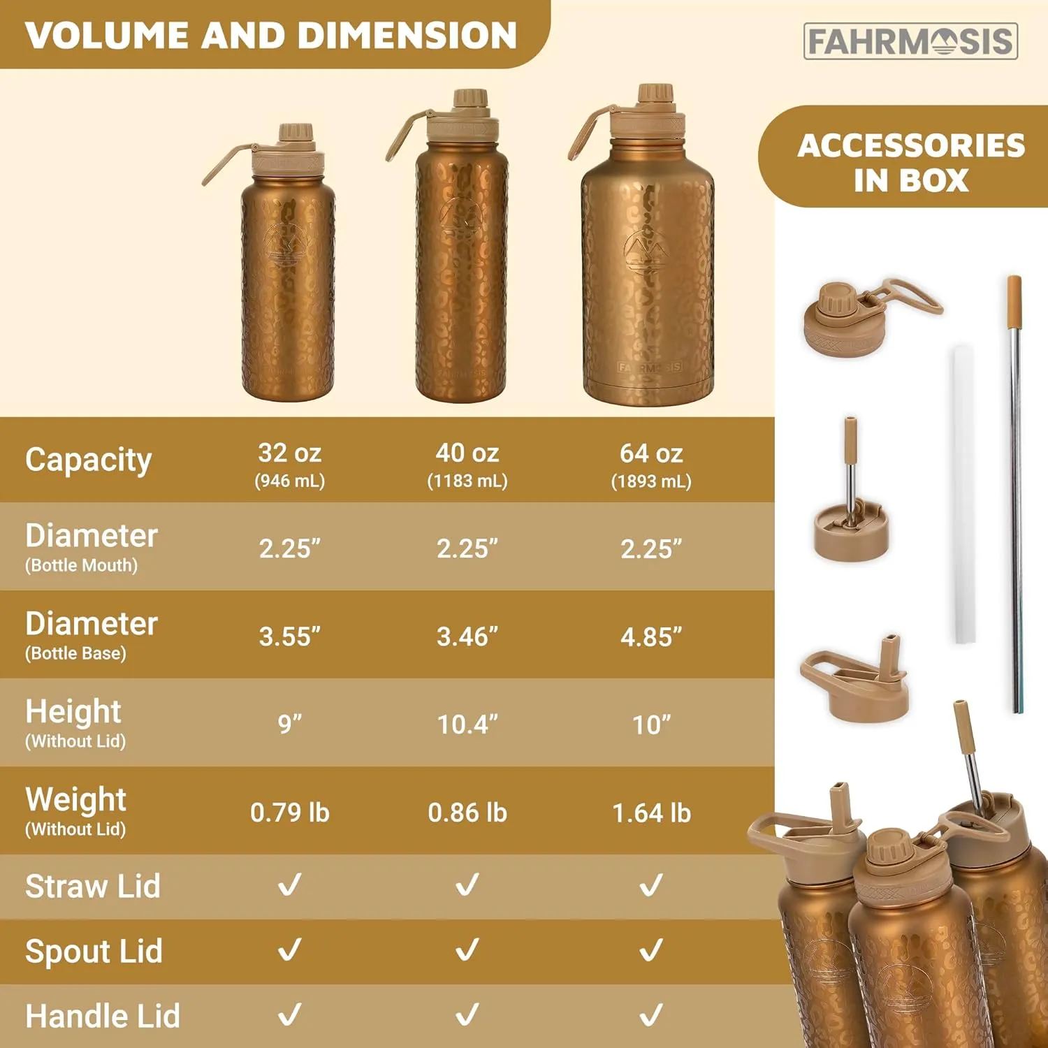 32 Oz Insulated Water Bottle with Strap Stainless Steel Sports Water Bottle with 3 Lids (Straw, Chug & Flip Lid) 1 Liter Leak Proof Insulated Metal Jug for Men & Women - Gold Leopard