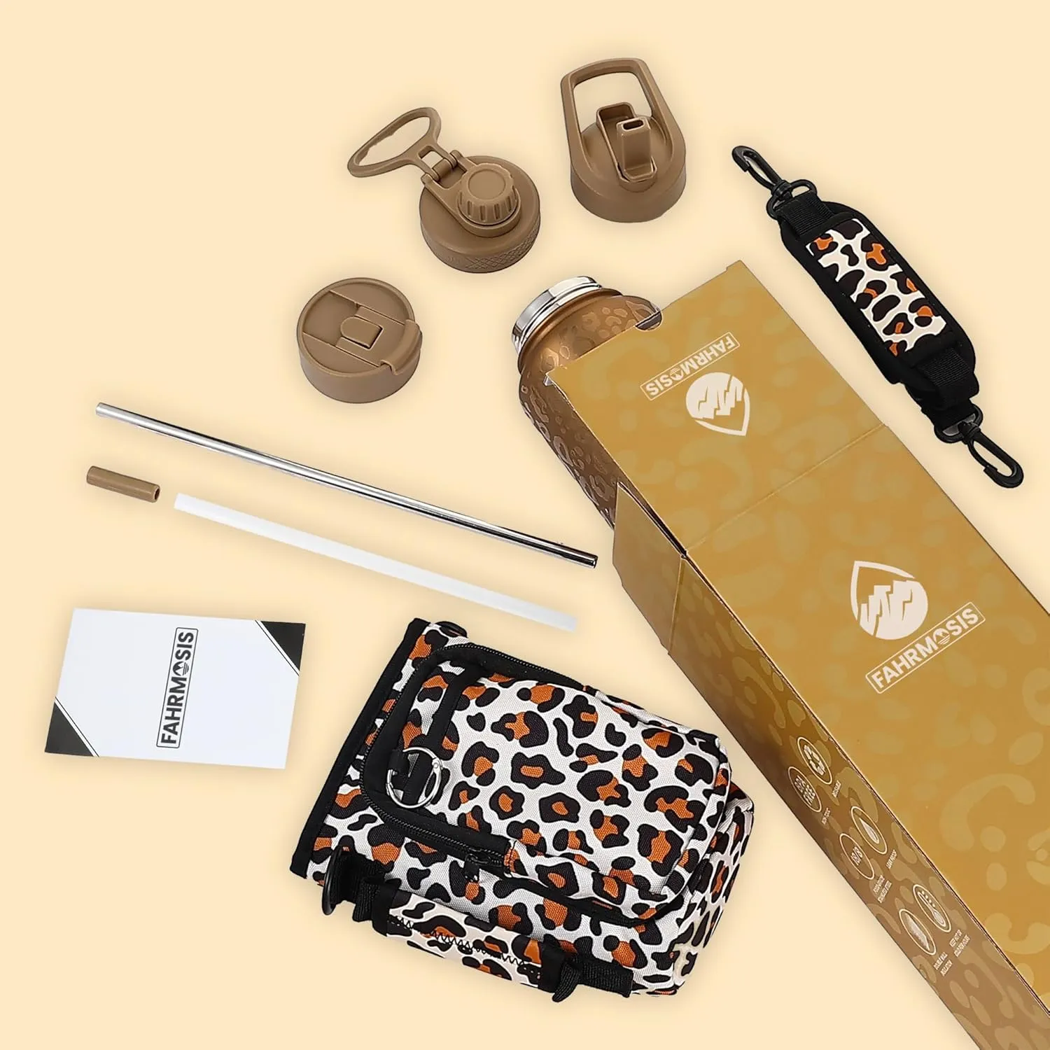 32 Oz Insulated Water Bottle with Strap Stainless Steel Sports Water Bottle with 3 Lids (Straw, Chug & Flip Lid) 1 Liter Leak Proof Insulated Metal Jug for Men & Women - Gold Leopard