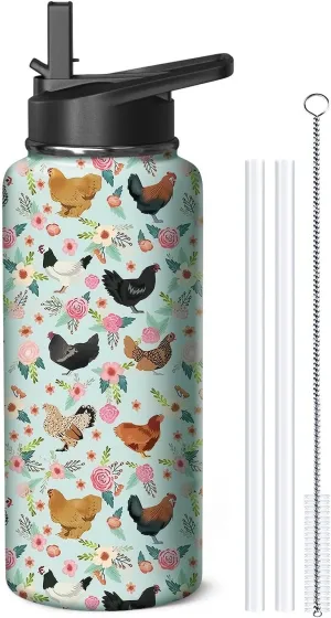 32oz Chicken Water Bottle with Handle and Flip Straw, Animal Sports Stainless Steel Insulated Cup Travel Coffee Mug Tumbler, Birthday Mothers Day Chritmas Gifts for Women