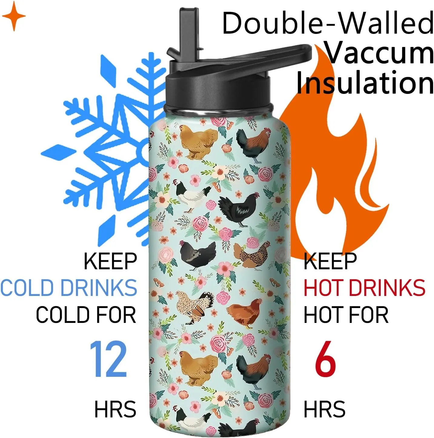 32oz Chicken Water Bottle with Handle and Flip Straw, Animal Sports Stainless Steel Insulated Cup Travel Coffee Mug Tumbler, Birthday Mothers Day Chritmas Gifts for Women