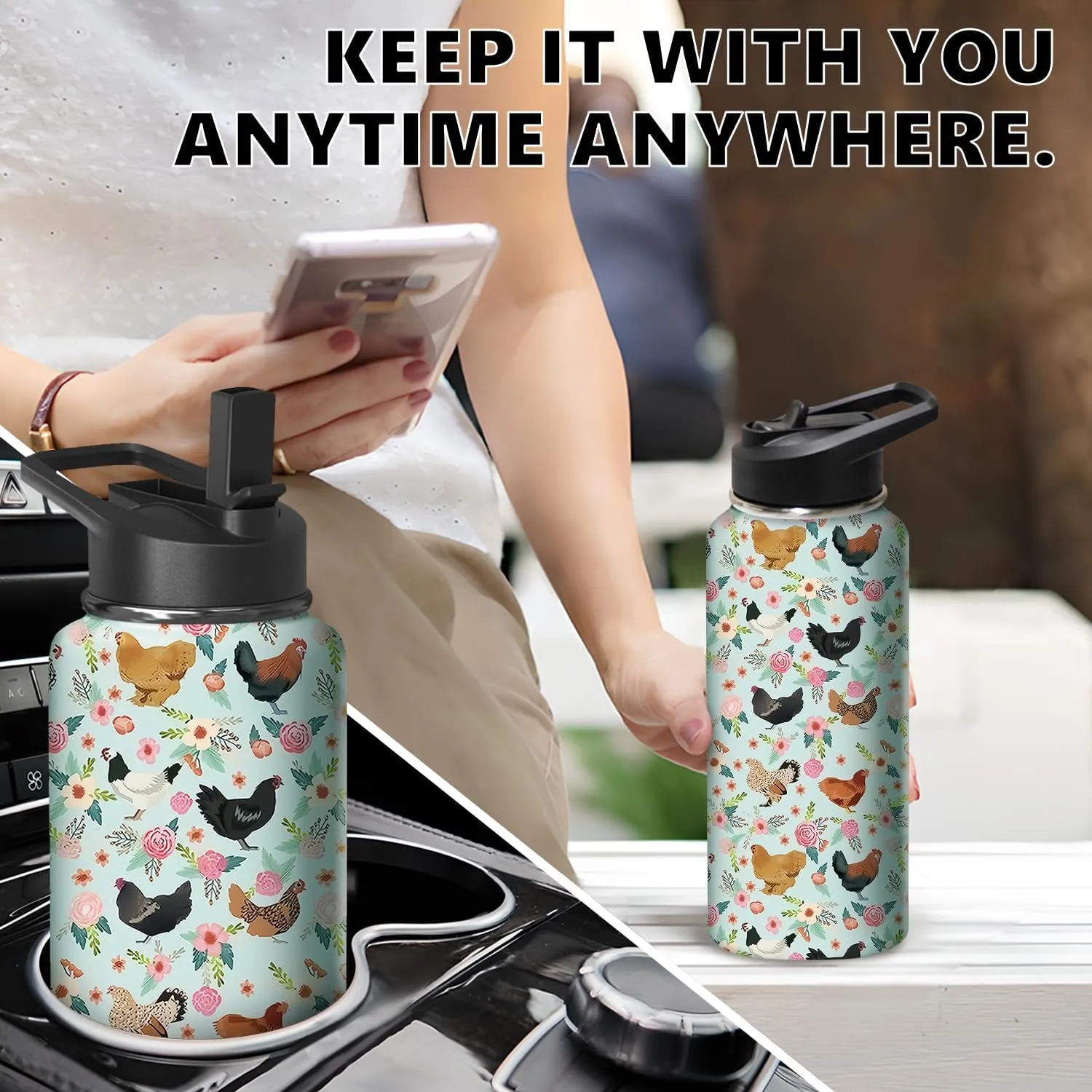32oz Chicken Water Bottle with Handle and Flip Straw, Animal Sports Stainless Steel Insulated Cup Travel Coffee Mug Tumbler, Birthday Mothers Day Chritmas Gifts for Women