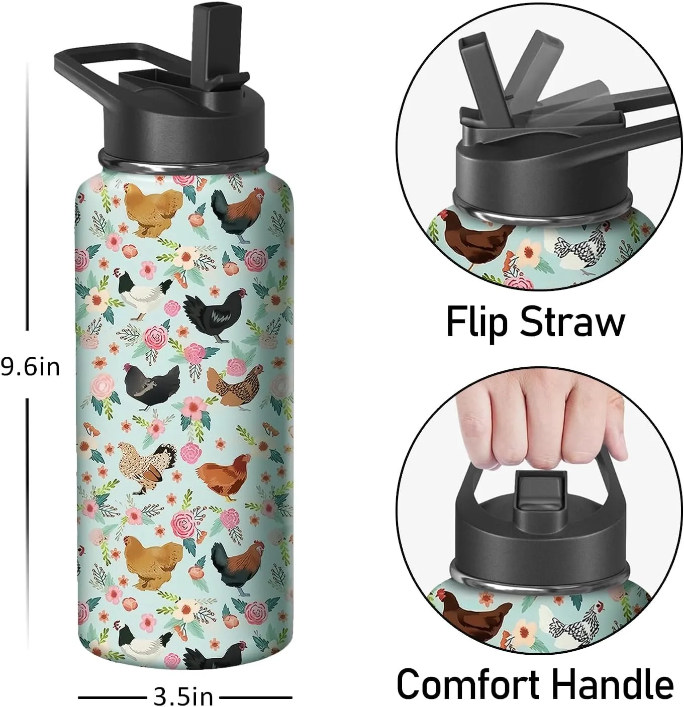 32oz Chicken Water Bottle with Handle and Flip Straw, Animal Sports Stainless Steel Insulated Cup Travel Coffee Mug Tumbler, Birthday Mothers Day Chritmas Gifts for Women